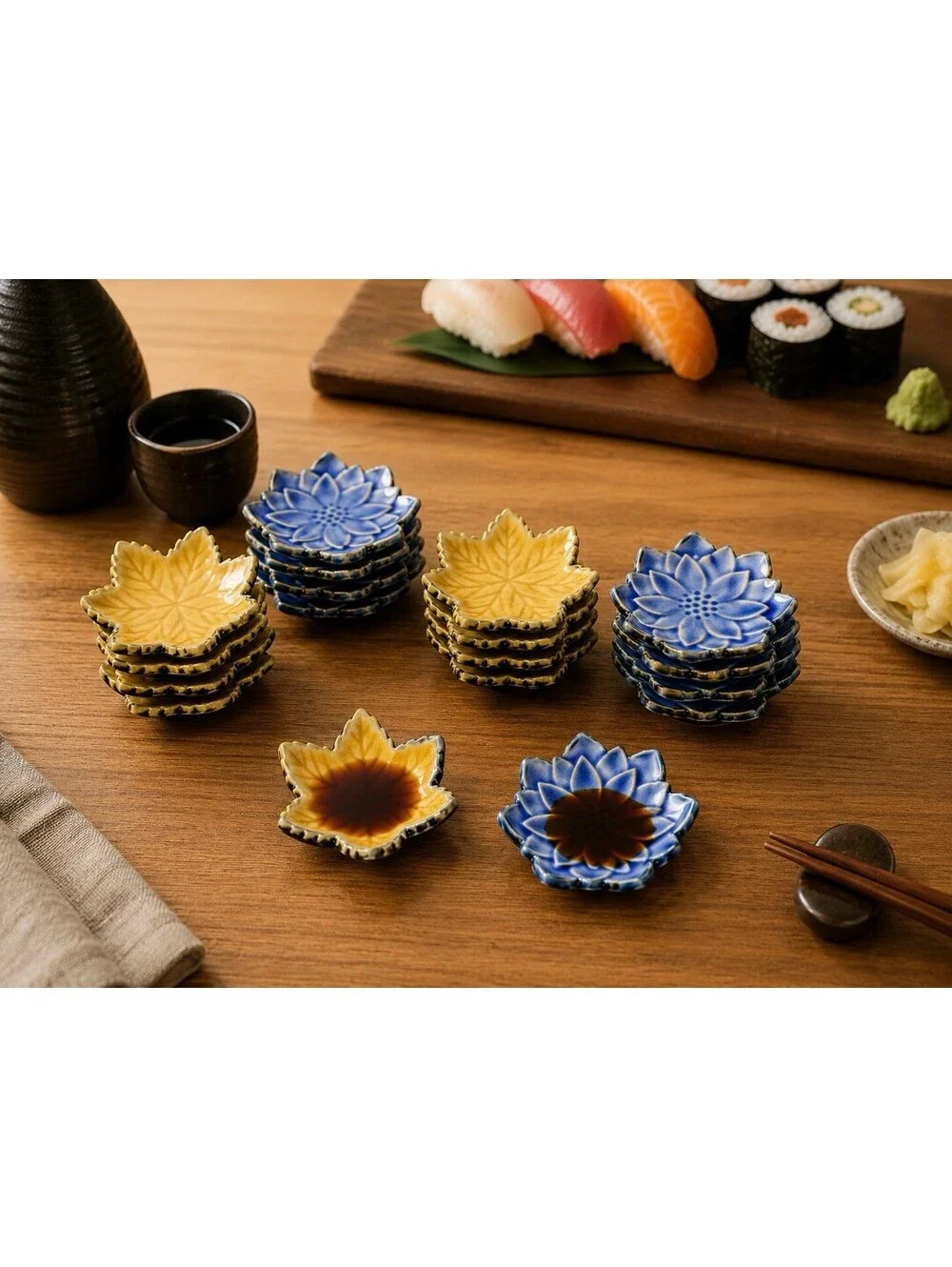 Kotobuki Japan 1970s 12 Crackle Glaze Soy Sauce Dishes Maple Leaf & Lotus, 2.5”